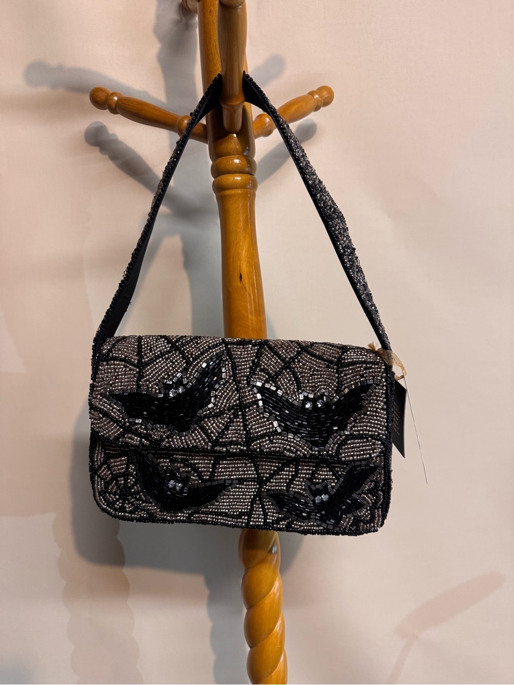 Rare Handcrafted in India Halloween Bat Beaded Shoulder Bag New with Tags